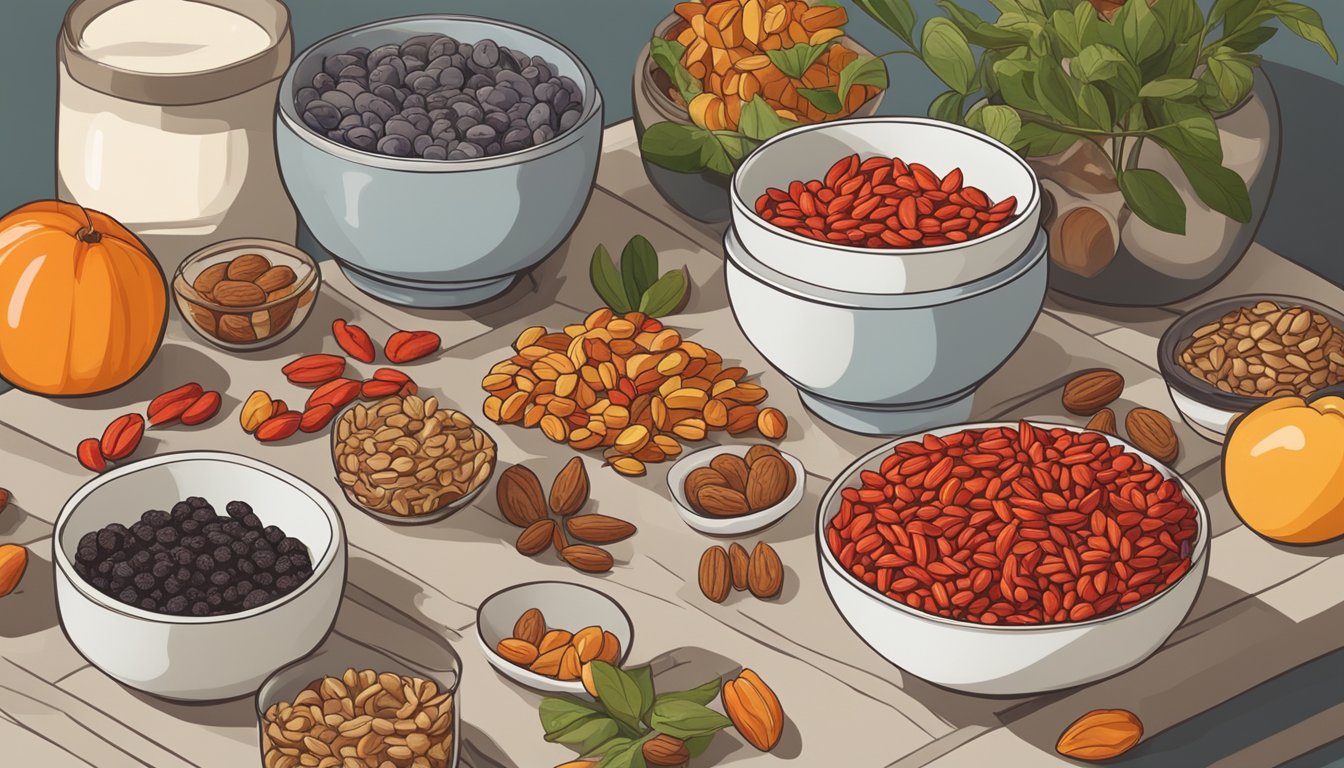 A bowl of goji berries sits on a kitchen counter, surrounded by a variety of dried fruits and nuts. The berries are plump and vibrant in color, indicating their freshness