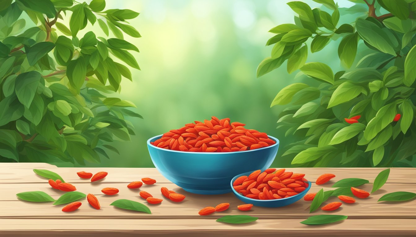 A bowl of fresh goji berries sits on a rustic wooden table, surrounded by vibrant green leaves and a scattering of dried berries