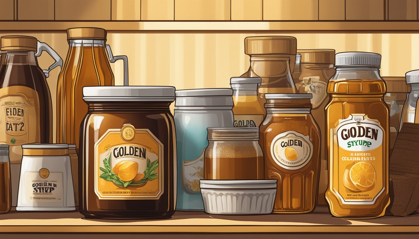 A jar of golden syrup sits on a shelf, surrounded by other pantry items. The label indicates the expiration date, while the rich, amber-colored syrup glistens in the light