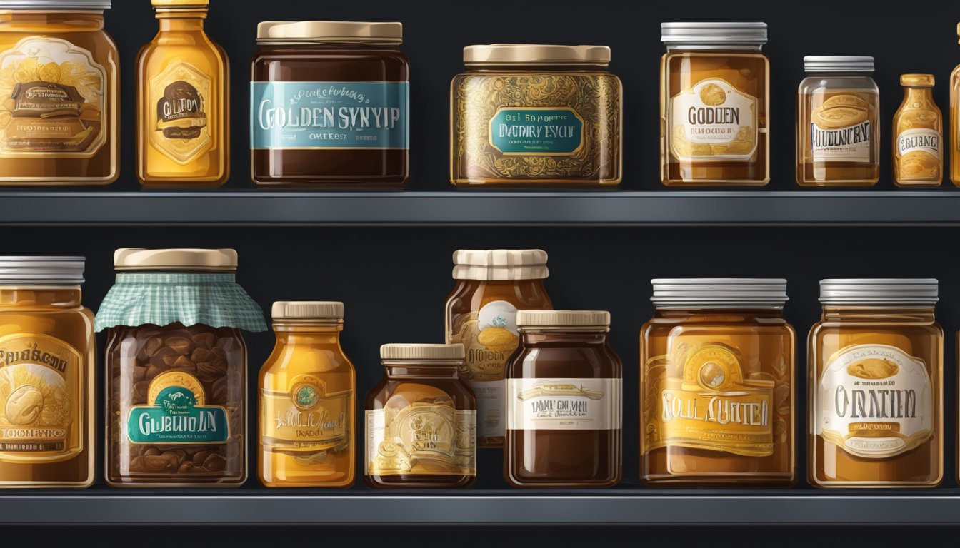 A glass jar of golden syrup sits on a shelf, sealed tightly with a metal lid. The pantry is cool and dark, with other baking ingredients neatly organized nearby