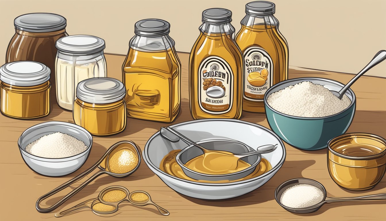 A jar of golden syrup on a kitchen counter, surrounded by measuring spoons, a mixing bowl, and various baking ingredients