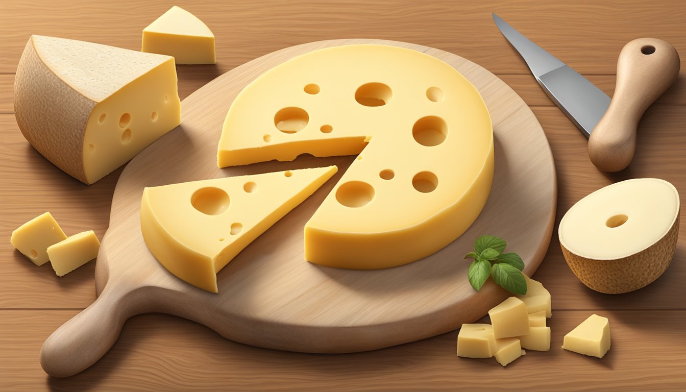 A wheel of Gouda cheese sits on a wooden cutting board, surrounded by a few wedges and a cheese knife. The cheese has a smooth, pale yellow rind and a creamy, pale yellow interior with small holes