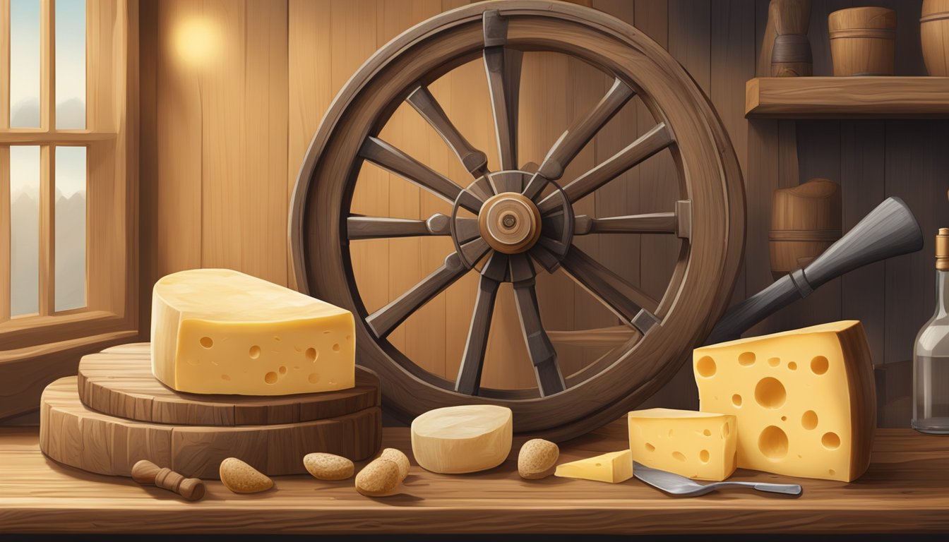 A wheel of Gouda cheese on a wooden shelf, surrounded by aging tools and a calendar marking the date of production