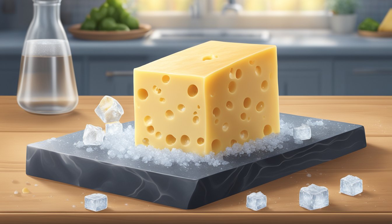 A block of Gouda cheese sits on a wooden cutting board, surrounded by ice crystals. A timer ticks in the background