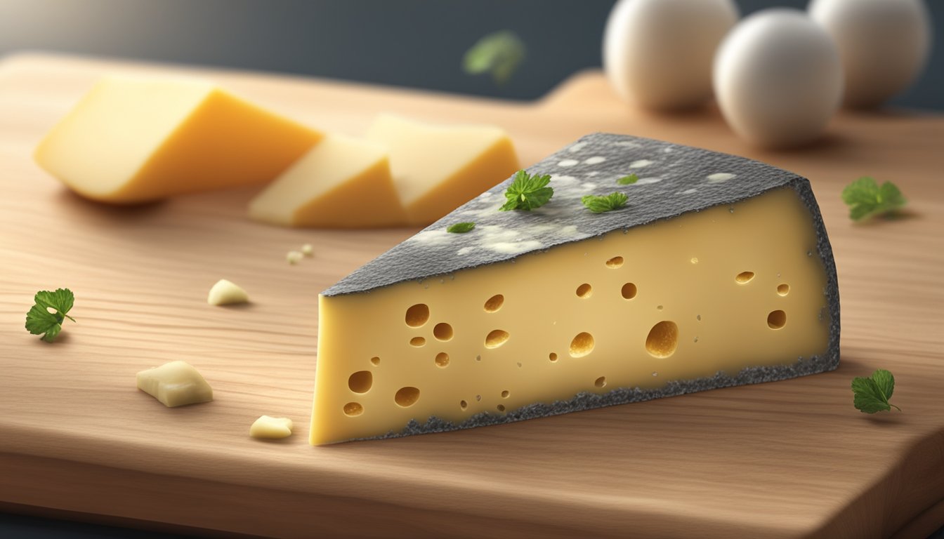 A wedge of Gouda sits on a wooden cutting board, surrounded by moldy patches and emitting a foul odor