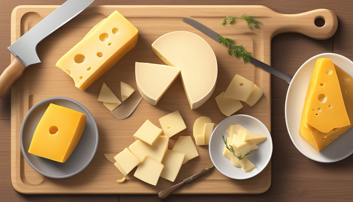 A wheel of Gouda cheese sits on a wooden cutting board, surrounded by a cheese knife and small serving plates