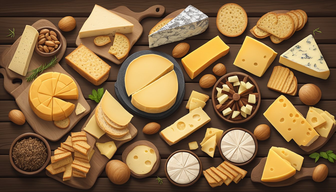 A wheel of smoked Gouda surrounded by assorted specialty cheeses, all neatly arranged on a rustic wooden cheese board