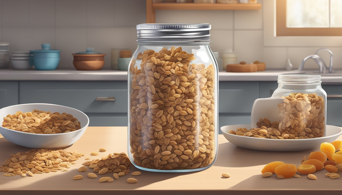 A mason jar filled with granola sits on a kitchen counter, surrounded by a scattering of oats, nuts, and dried fruits. The lid is partially open, suggesting recent use