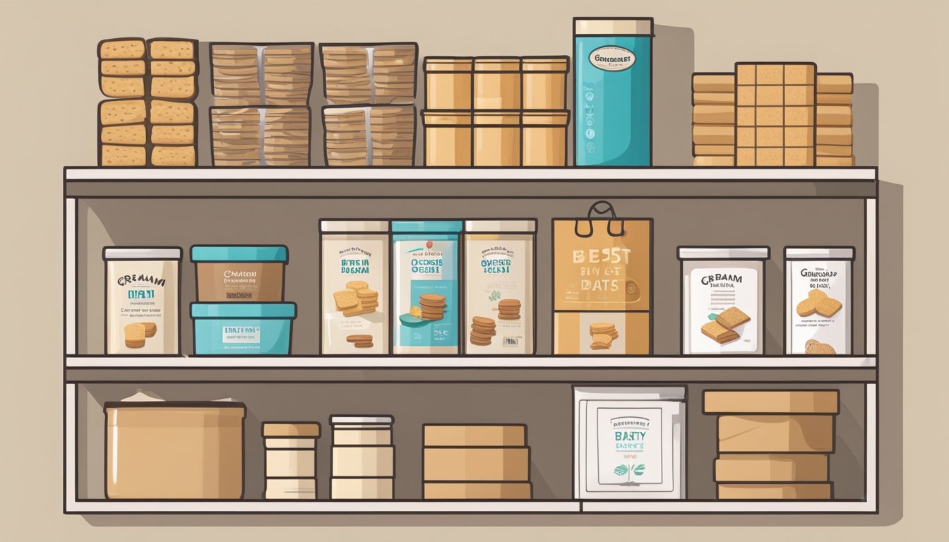 A pantry with neatly organized shelves, a box of graham crackers with a "best by" date clearly displayed, alongside other dry goods