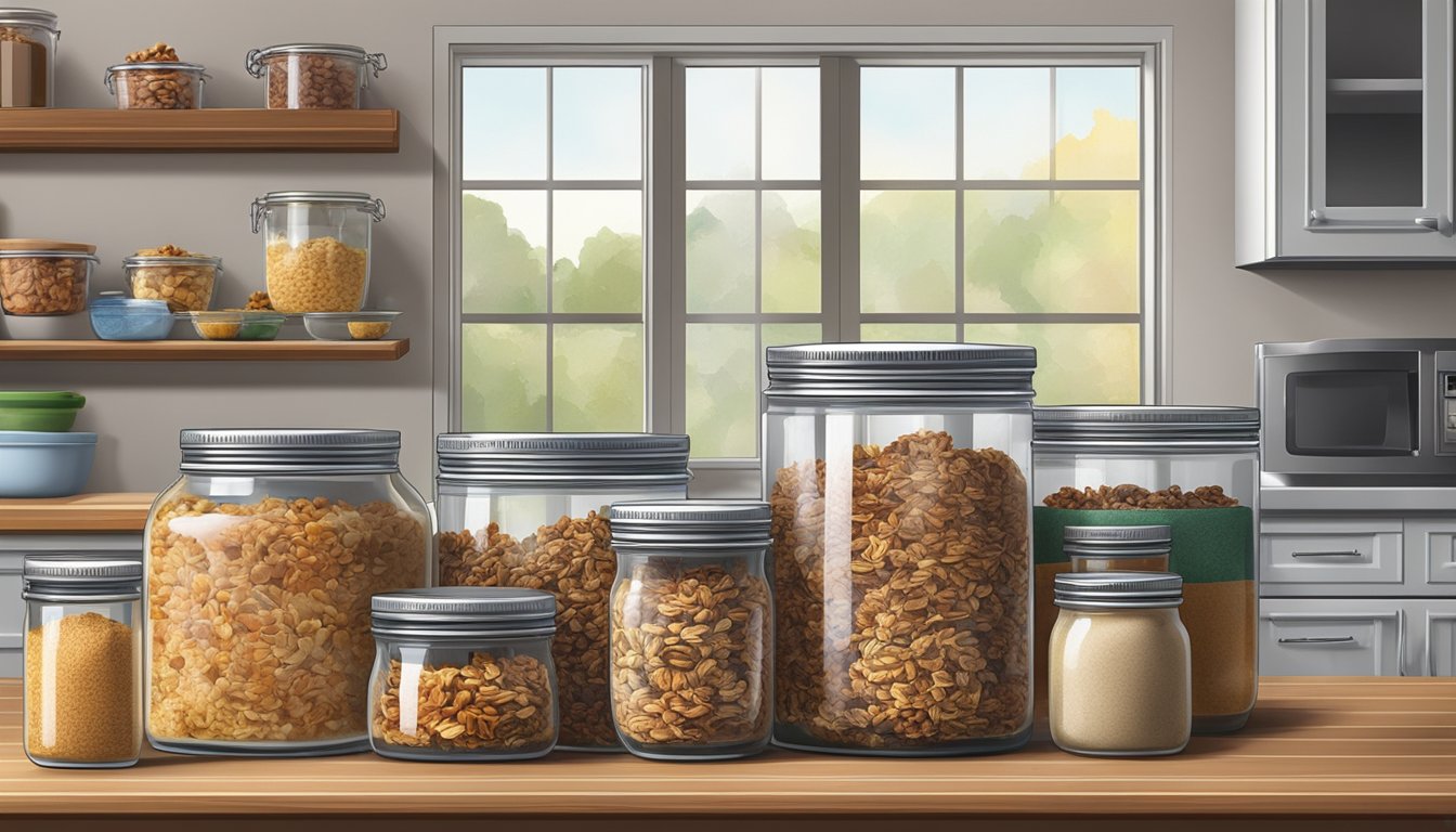 A jar of granola sits on a kitchen counter, surrounded by various environments such as a pantry, refrigerator, and freezer