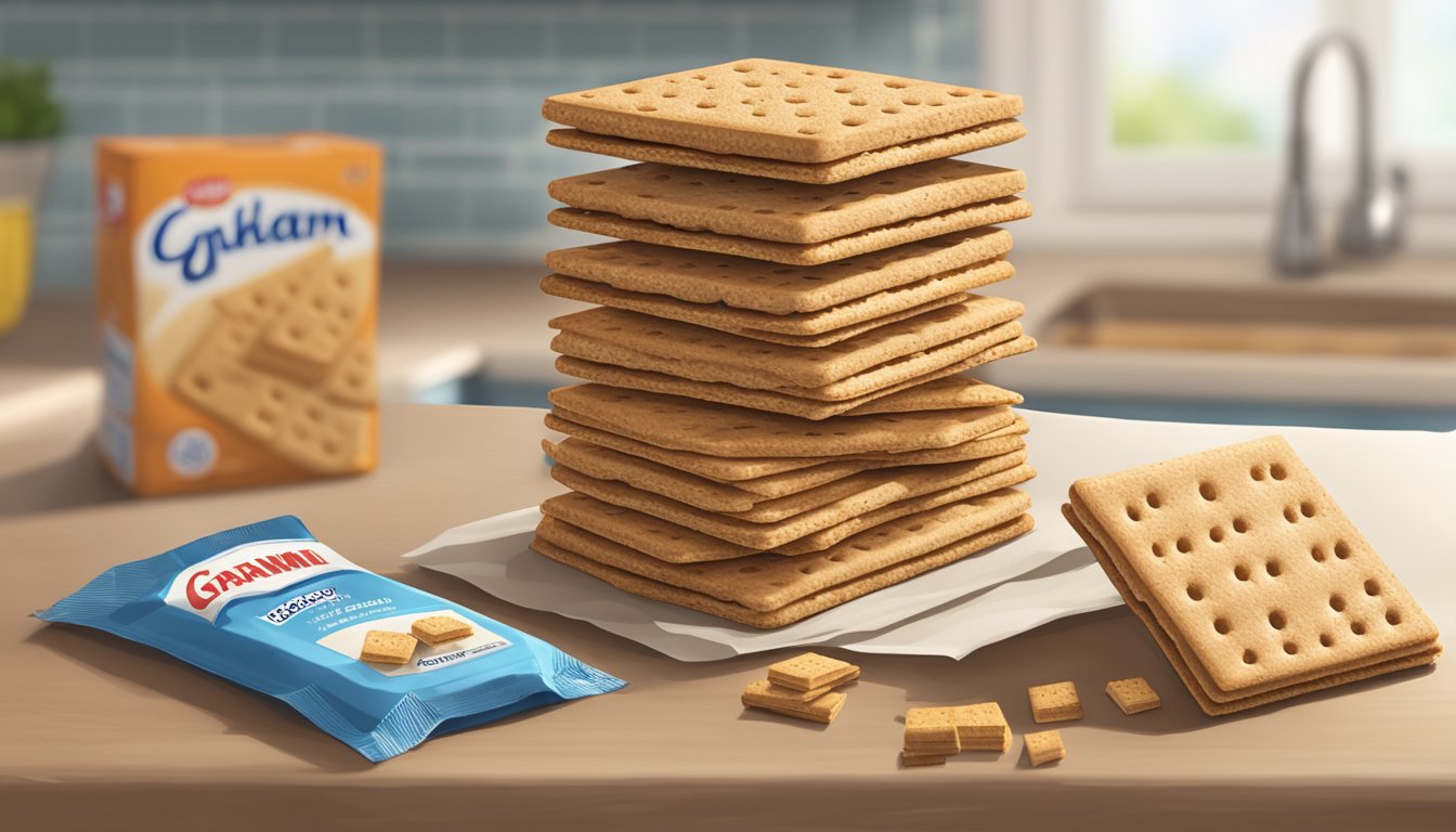 A stack of graham crackers sits on a kitchen counter, next to an open package. Some crackers are broken, and a few show signs of mold