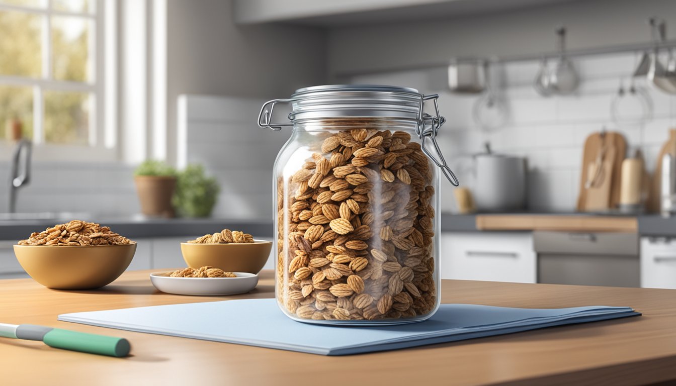 A glass jar filled with granola, sealed with a lid and placed on a kitchen counter next to a calendar