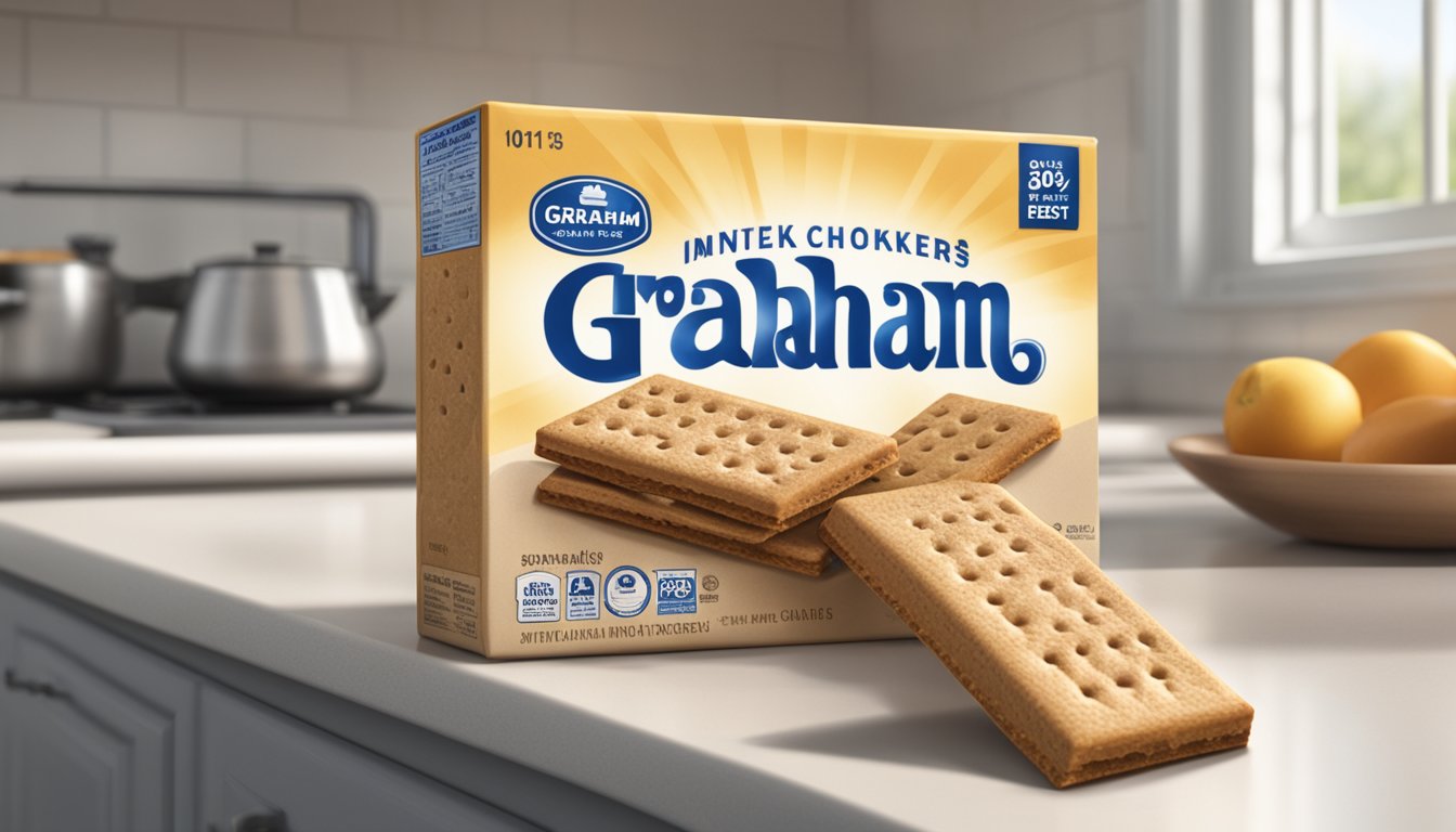 A sealed package of graham crackers sits on a kitchen counter, with a "best by" date clearly visible