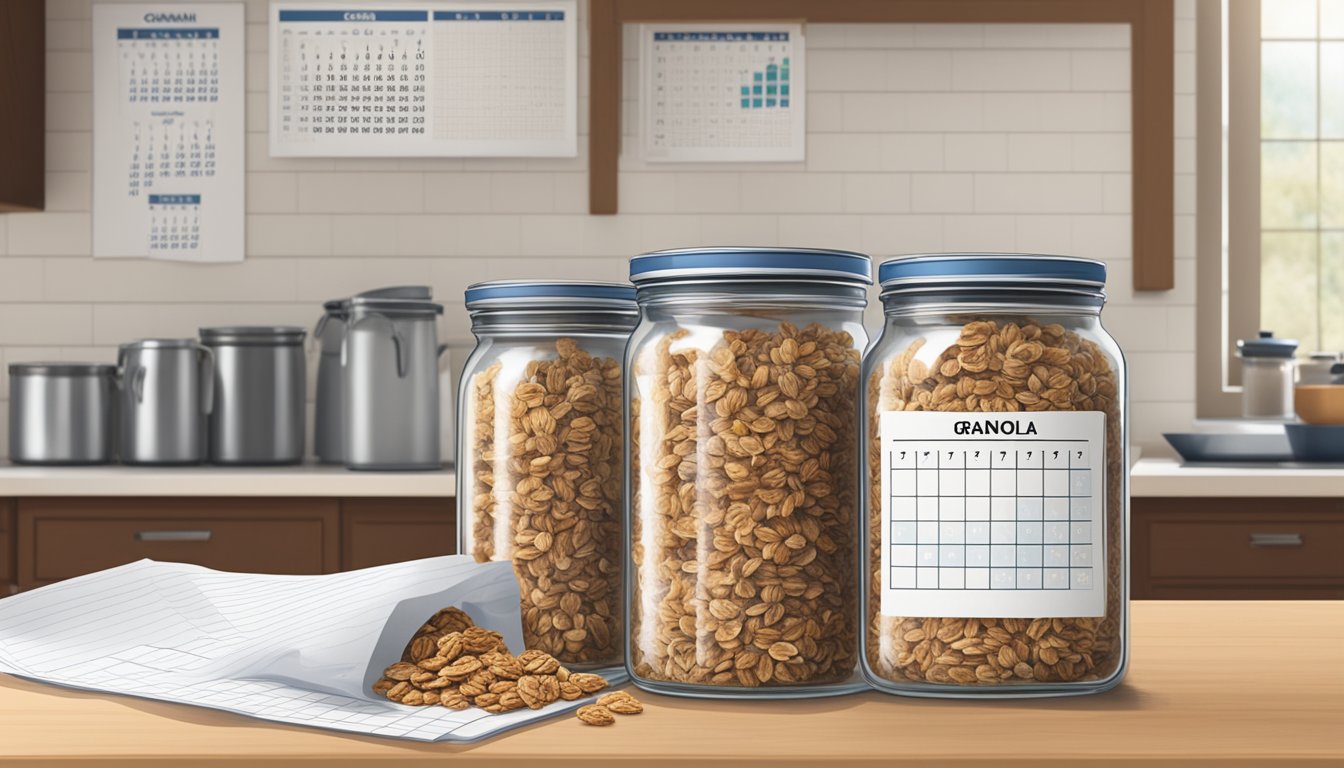 A jar of granola sits on a kitchen counter, surrounded by various expiration date labels and a calendar indicating the current date