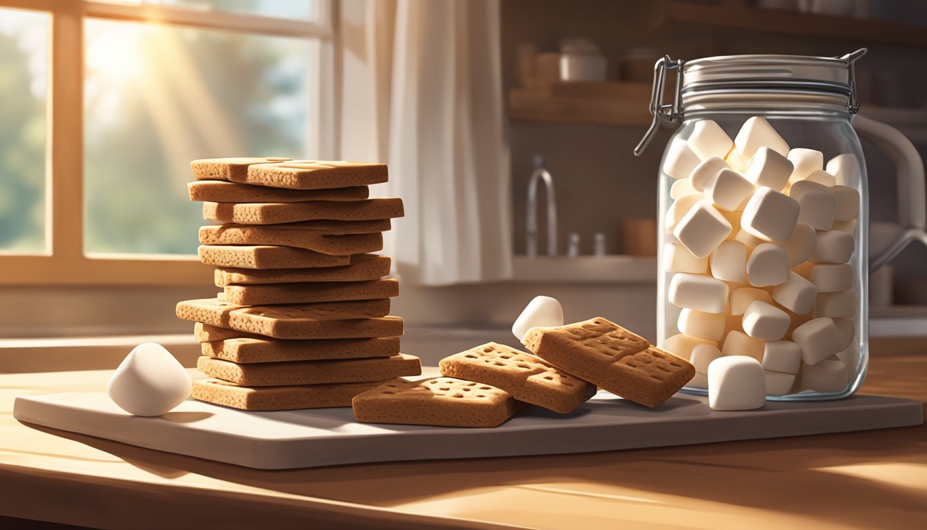 A stack of graham crackers sits on a kitchen counter, surrounded by a jar of marshmallows and a bar of chocolate. Sunlight streams in through the window, casting a warm glow on the scene