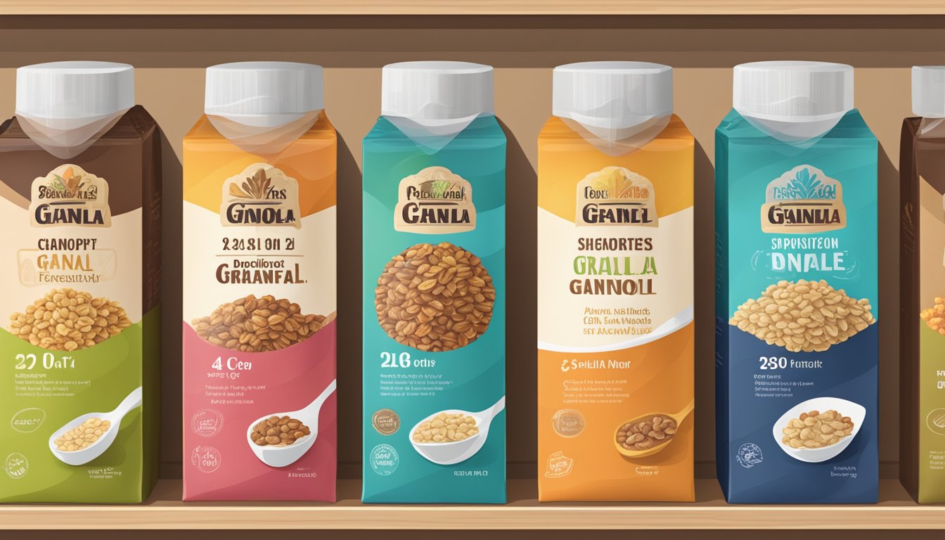 A variety of granola packages with different expiration dates displayed on a shelf in a pantry