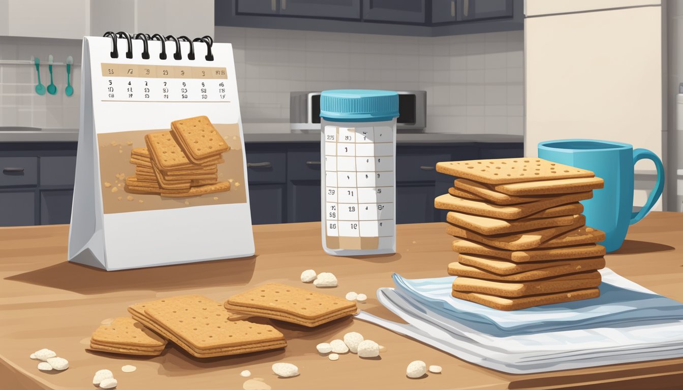 A stack of graham crackers sits on a kitchen counter next to a calendar showing the current date. A few crumbs are scattered around the edges