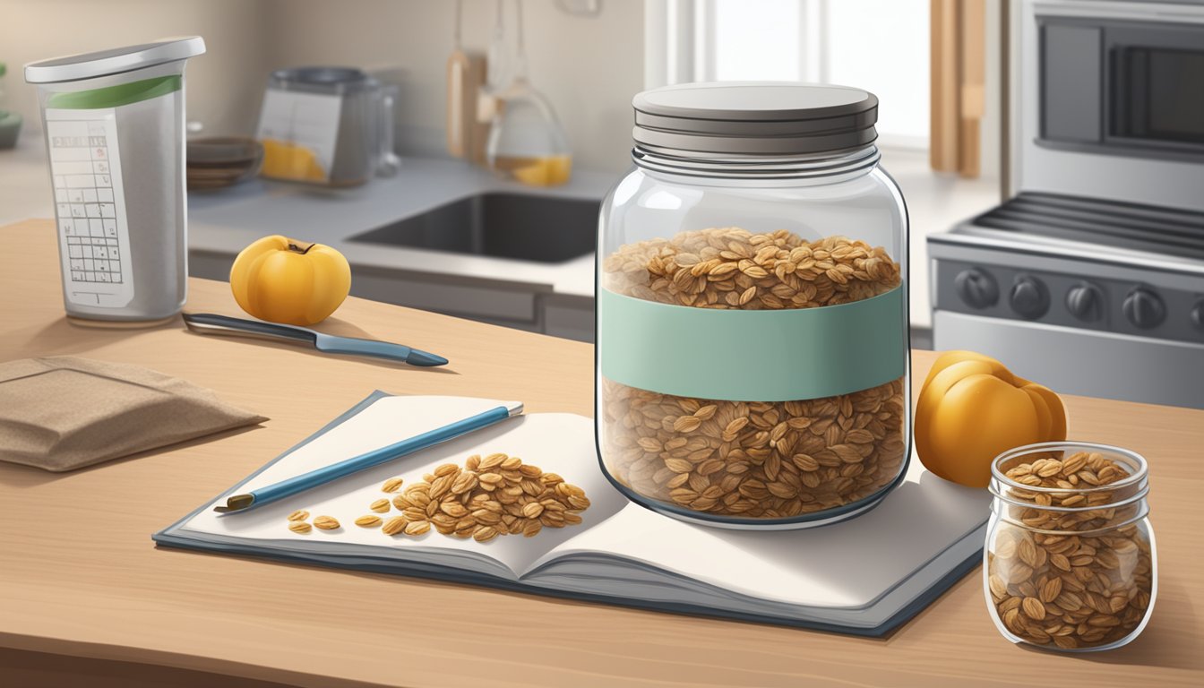 A jar of granola sits on a kitchen counter, surrounded by a calendar, clock, and open bag of oats