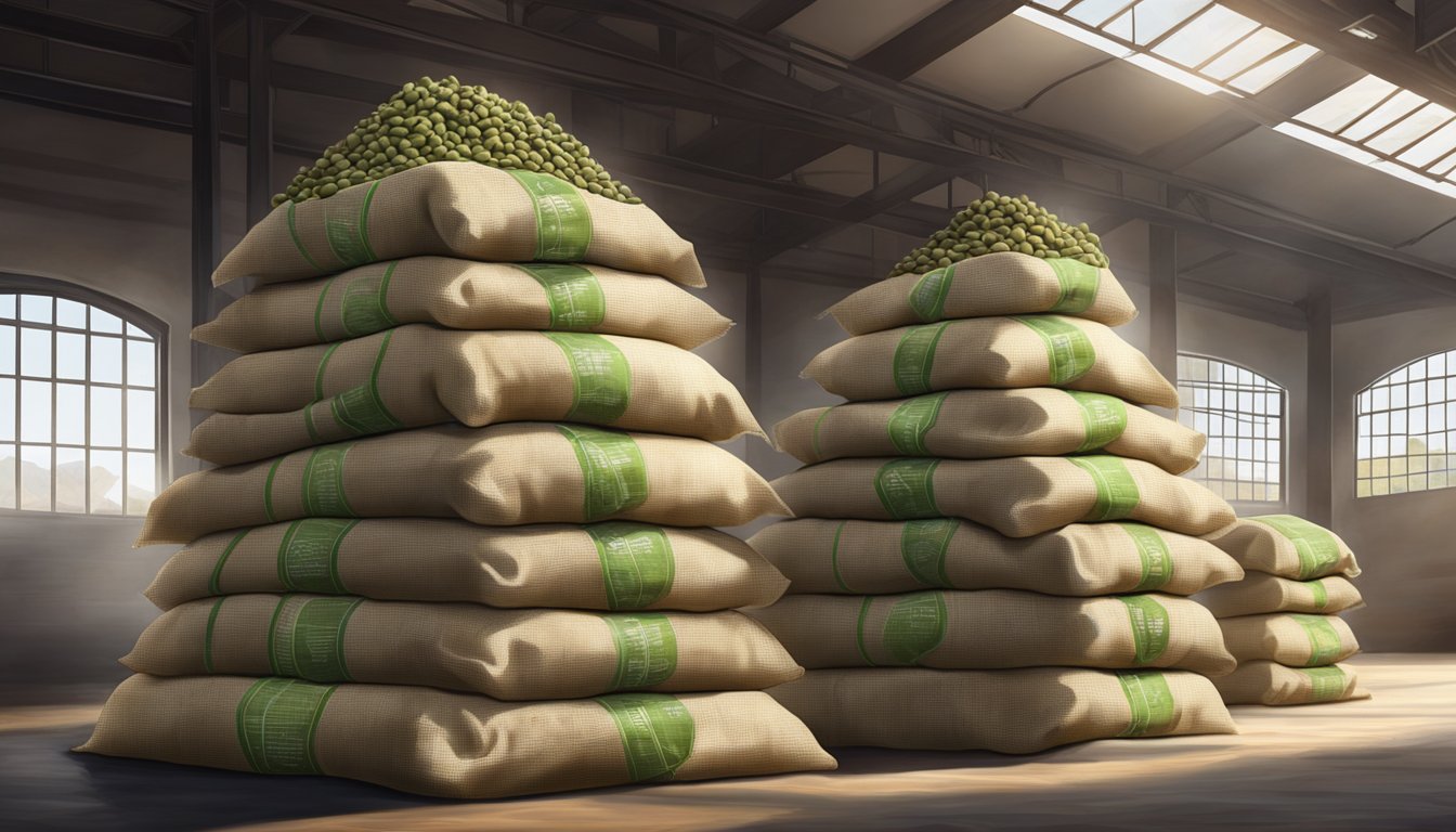 A stack of burlap sacks filled with green coffee beans, neatly arranged in a warehouse with natural light filtering in through the windows