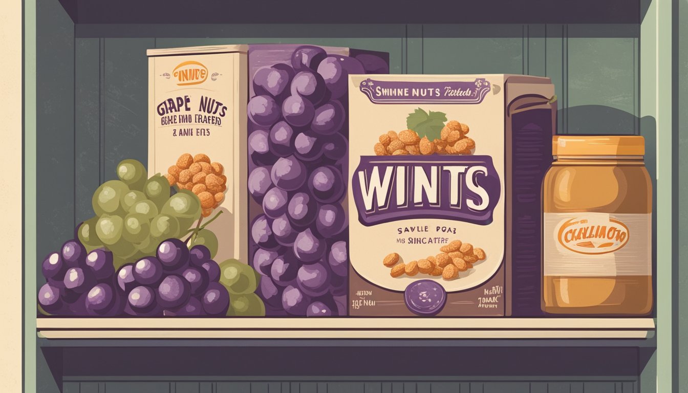 A vintage box of Grape-Nuts sits on a pantry shelf, surrounded by other food items. The box is slightly worn, with a retro design and faded colors