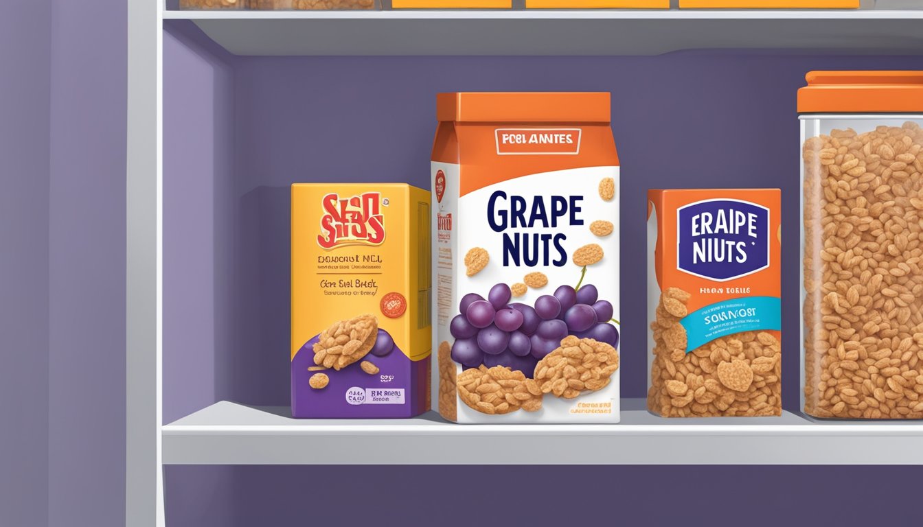 A pantry shelf with a sealed box of Grape-Nuts cereal, alongside a label indicating the expiration date