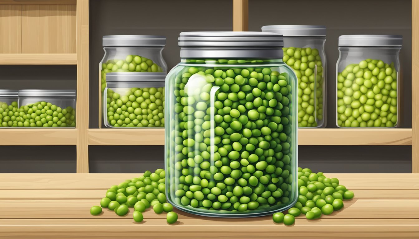 A glass jar filled with green split peas, sealed tightly with a metal lid, placed on a wooden shelf in a pantry