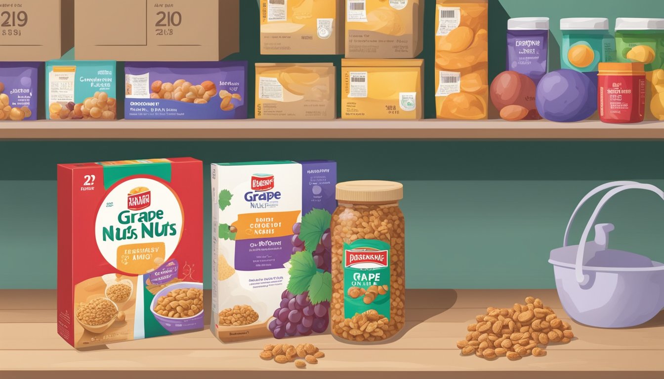 A sealed box of Grape-Nuts sits on a pantry shelf next to a calendar with a date circled. The box is surrounded by various expired food items