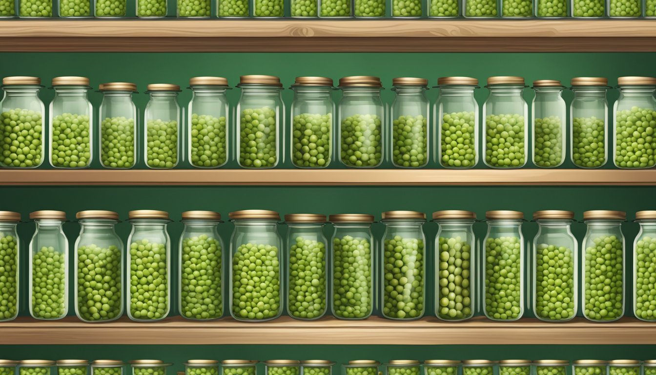 A glass jar filled with green split peas, sealed with a lid, placed on a pantry shelf