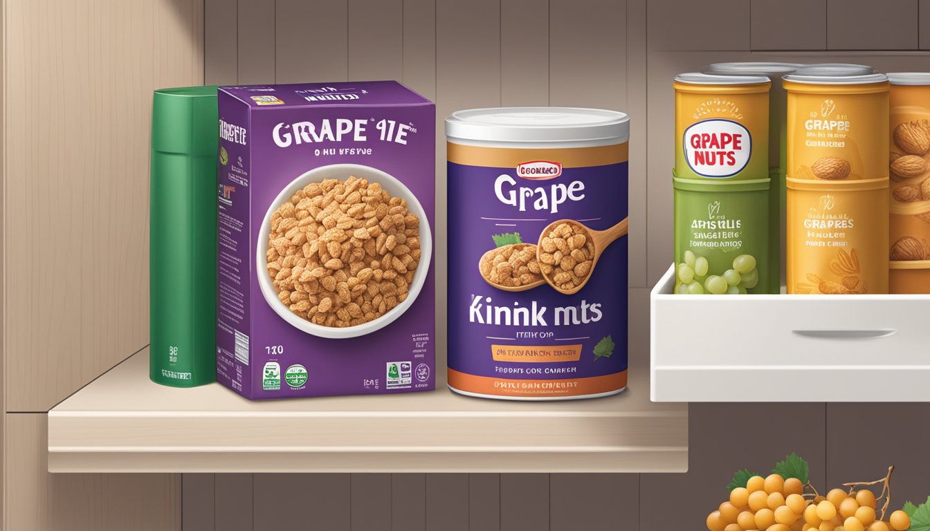 A box of Grape-Nuts sits on a kitchen shelf, surrounded by other pantry items. The expiration date is visible on the packaging