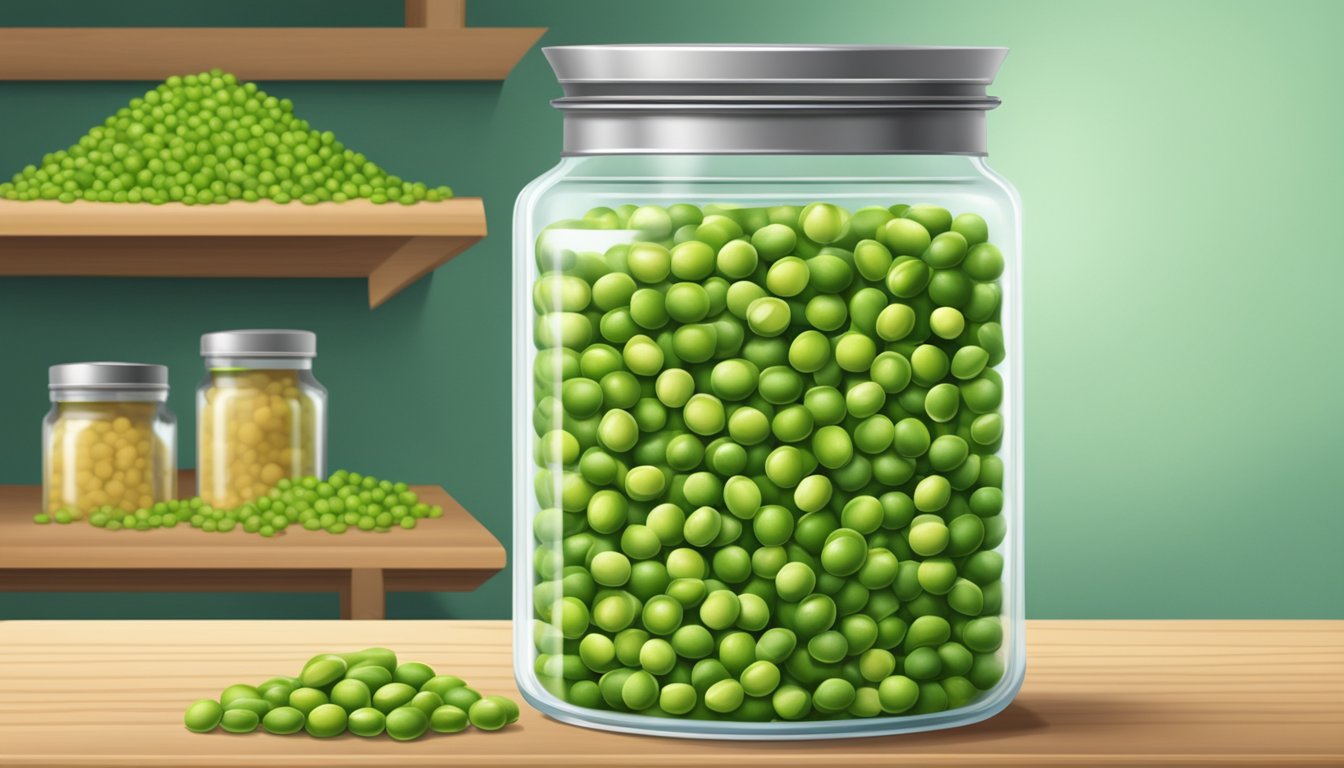 A glass jar filled with green split peas, sealed with a metal lid, placed on a wooden shelf in a pantry