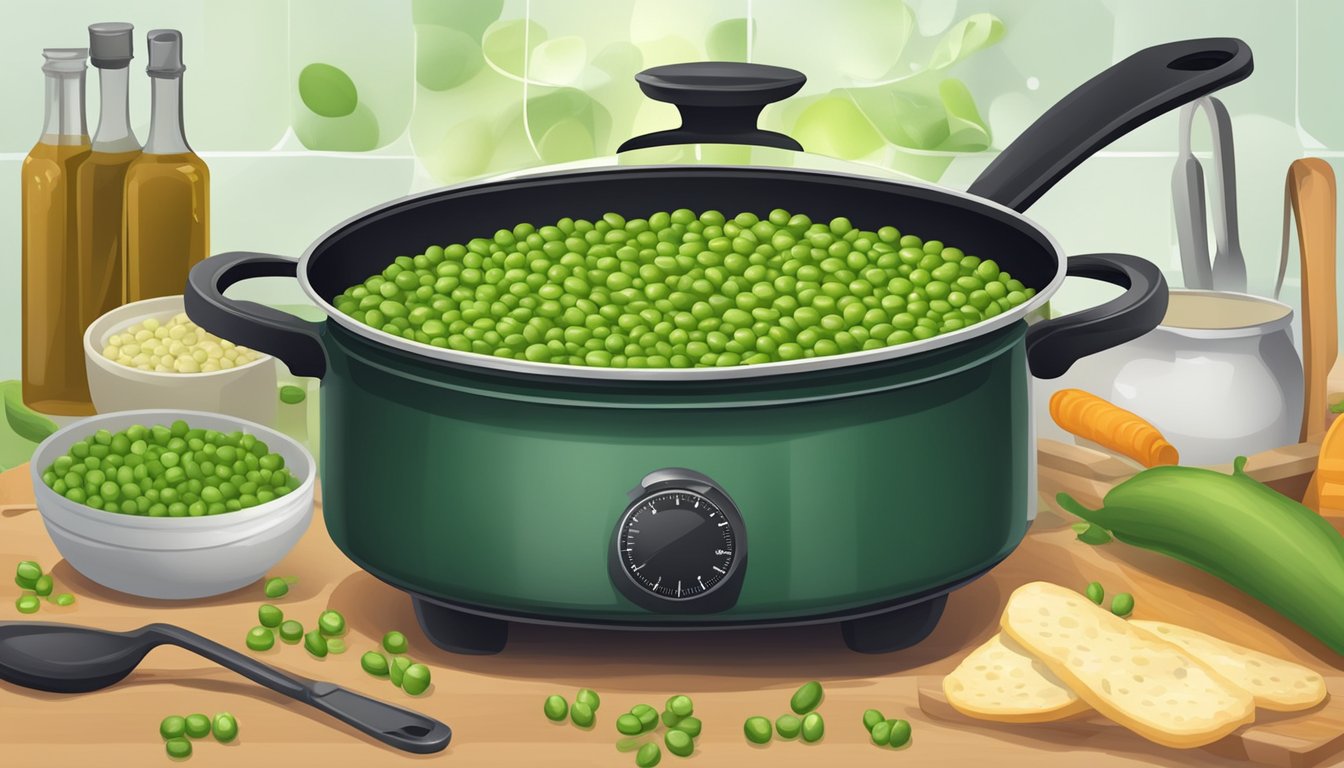 A pot of green split peas simmering on the stove, surrounded by various cooking utensils and ingredients