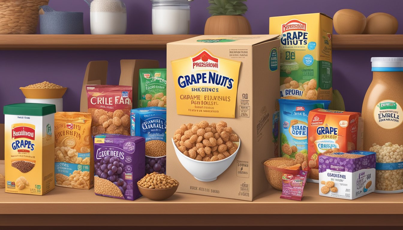 A box of Grape-Nuts sits on a pantry shelf, surrounded by other food items. The expiration date is clearly visible on the packaging