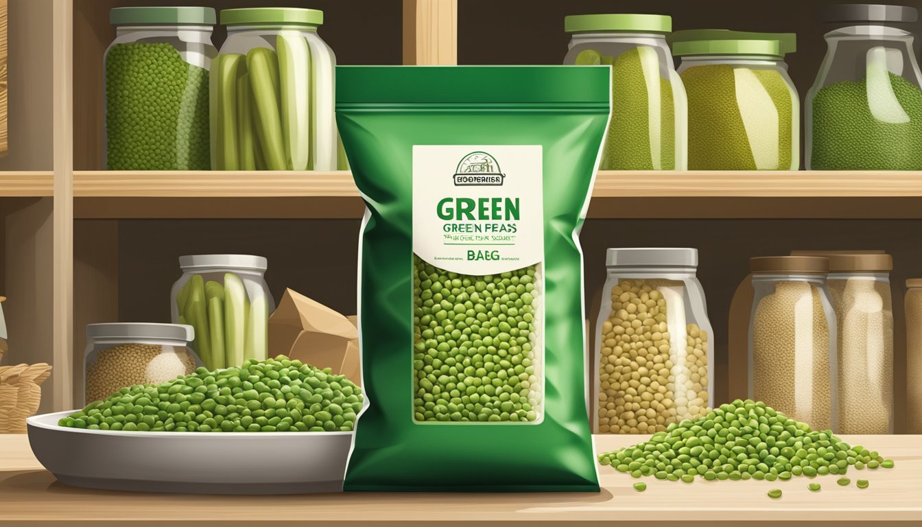 A bag of green split peas sits on a pantry shelf, surrounded by other dry goods. The expiration date is visible on the packaging