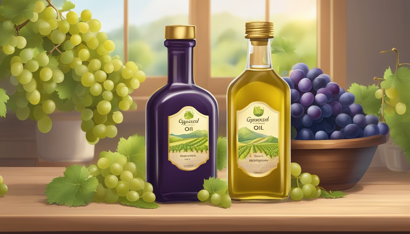 A bottle of grapeseed oil sits on a kitchen counter, surrounded by fresh grapes and grapevines. The oil is clear and golden, with a label indicating its expiration date