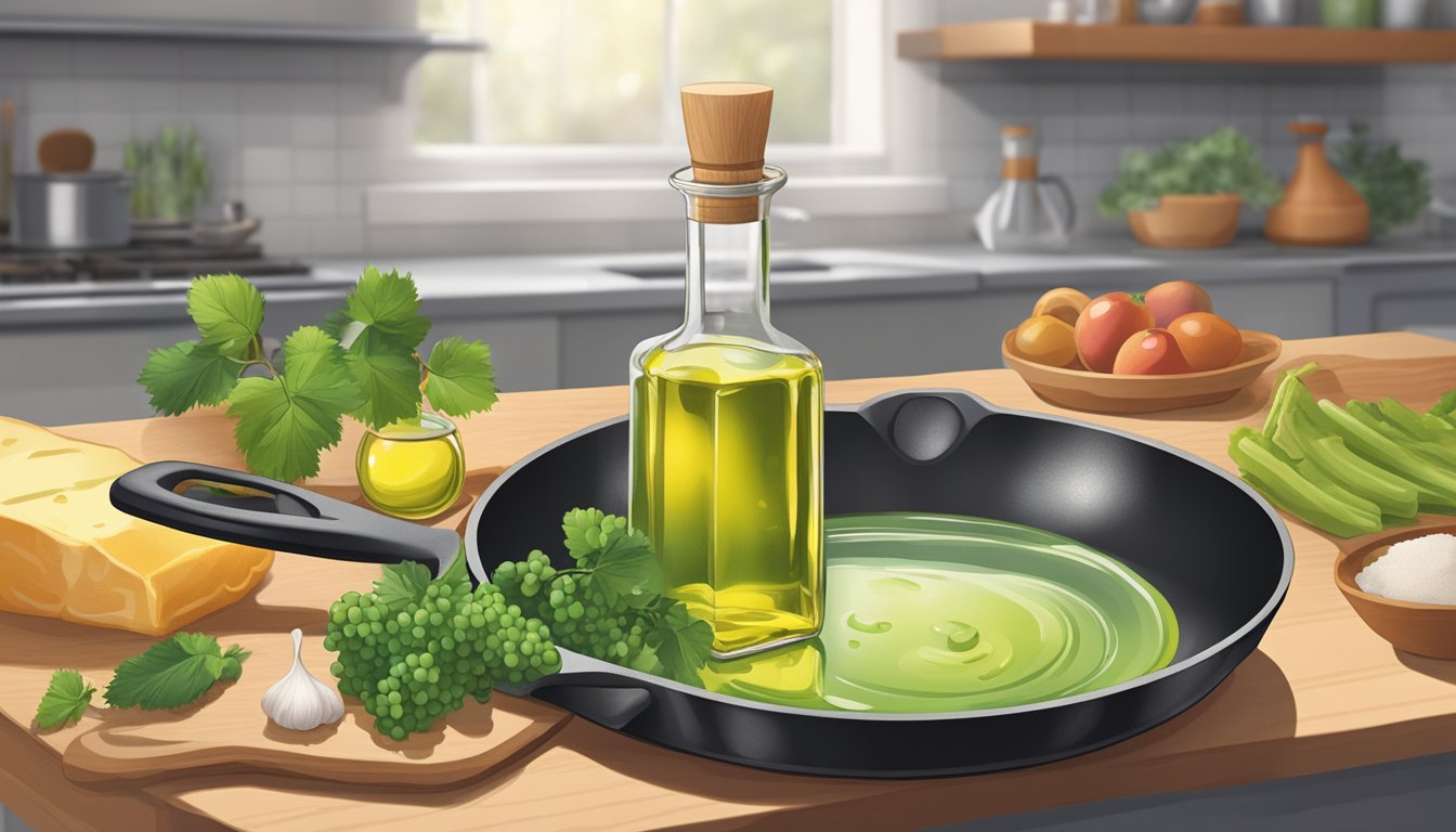 A bottle of grapeseed oil sits on a kitchen counter next to a skillet and various ingredients. The oil is being poured into the skillet by an unseen hand