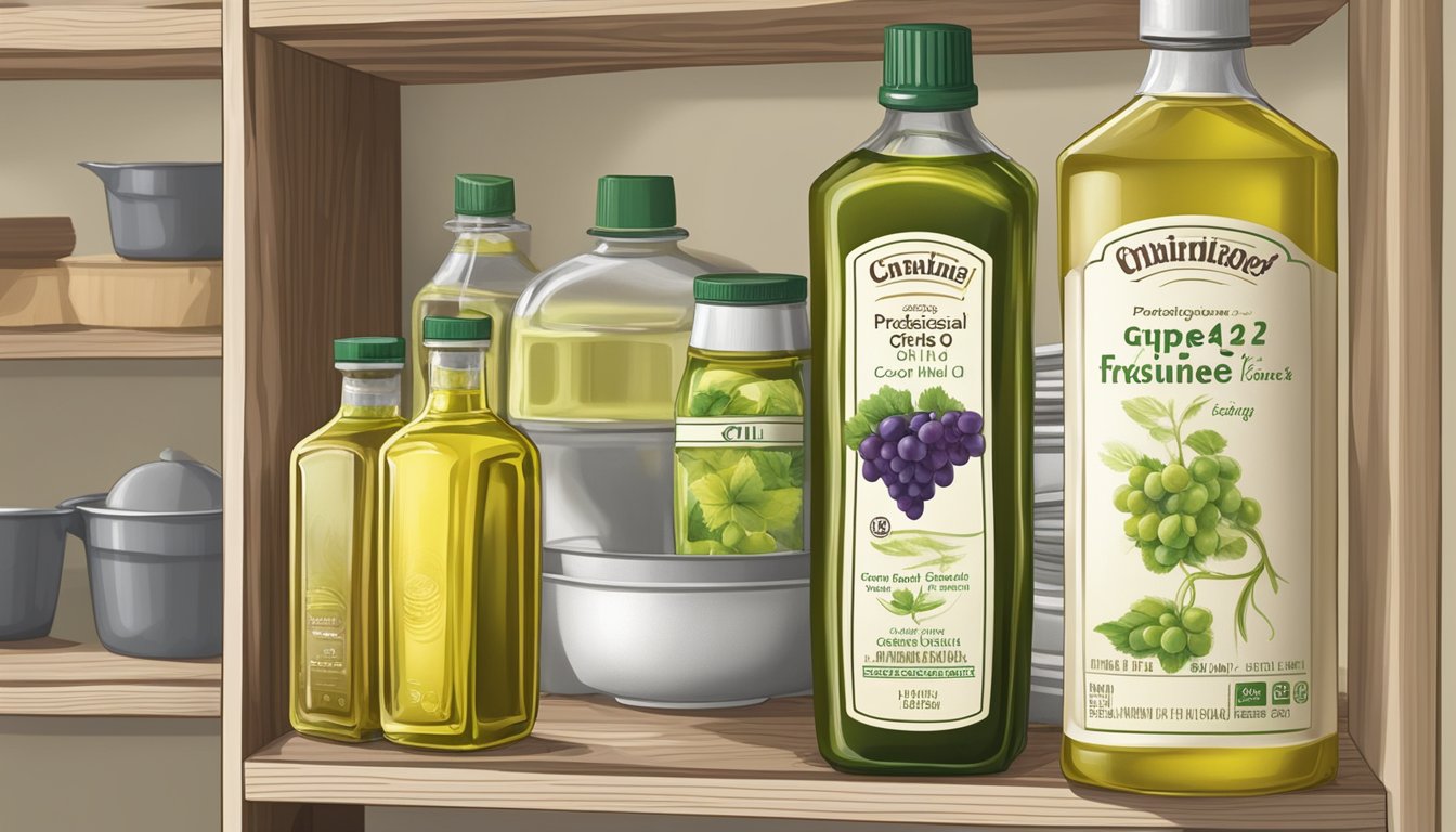 A glass bottle of grapeseed oil sits on a pantry shelf next to other cooking oils. The label indicates the expiration date