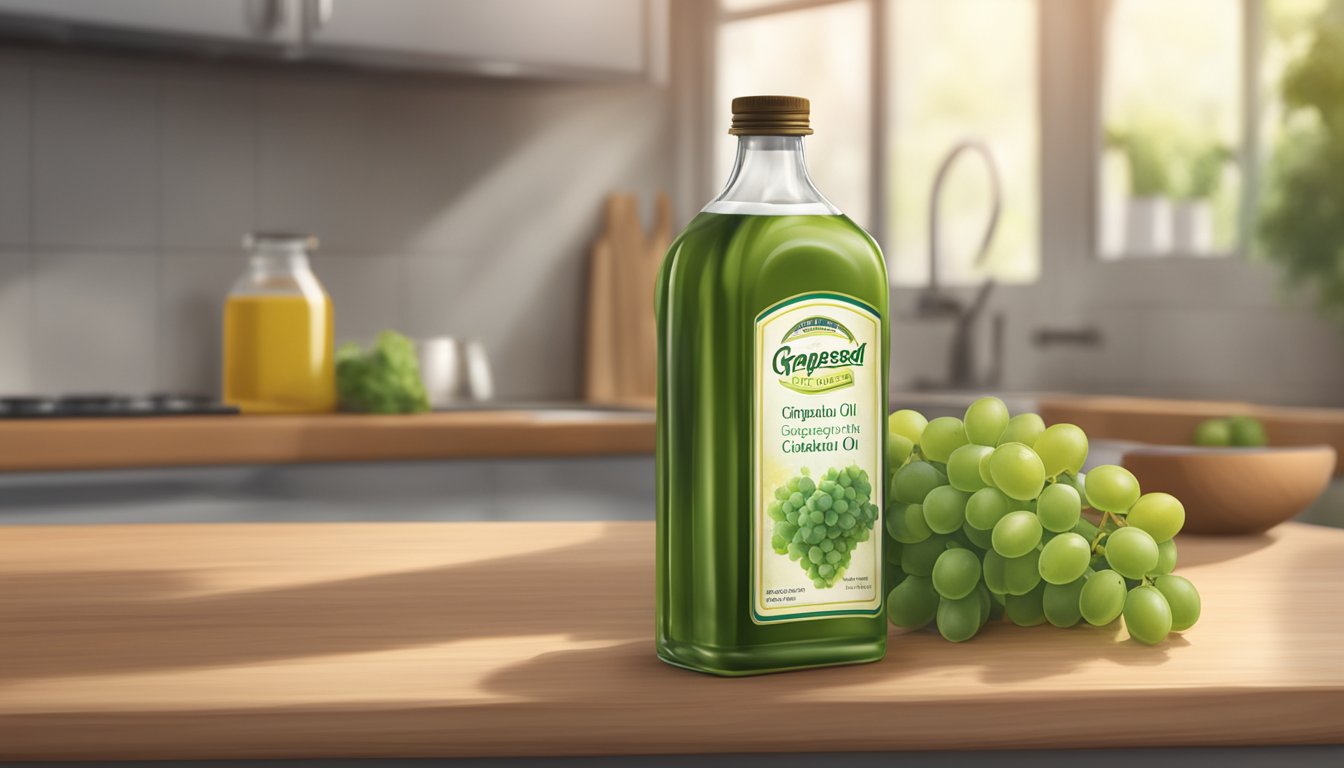 A bottle of grapeseed oil sits on a kitchen counter, its expiration date passed. The oil appears cloudy and emits a rancid odor