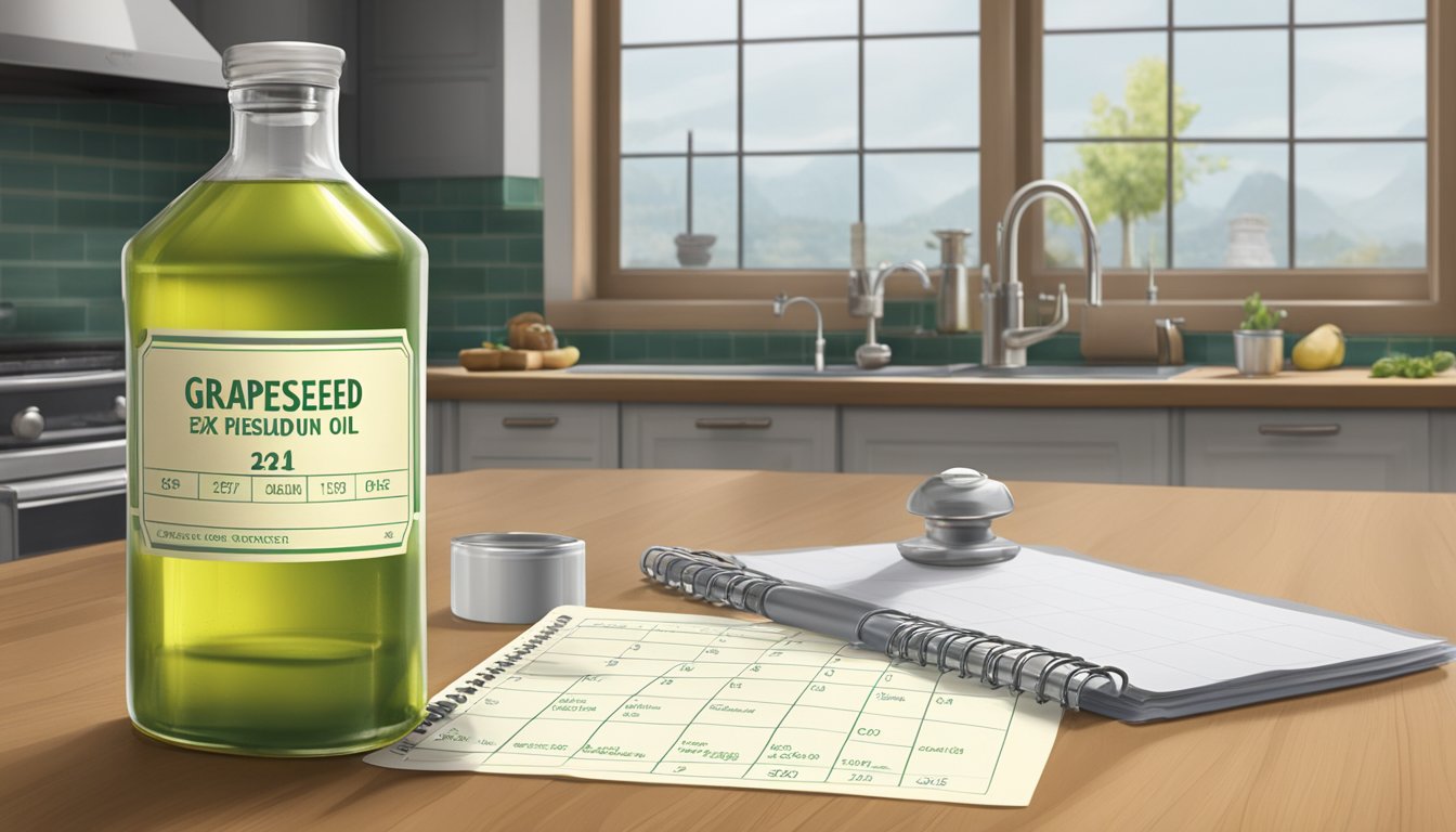 A bottle of grapeseed oil sits on a kitchen counter next to a calendar showing the current date and a clock indicating the time. The bottle's label indicates the expiration date