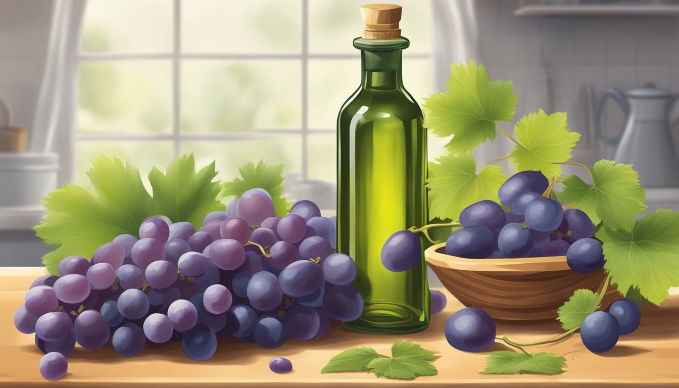 A bottle of grapeseed oil sits on a kitchen counter, surrounded by fresh grapes and a vine. The oil appears to be in good condition, with no signs of spoilage