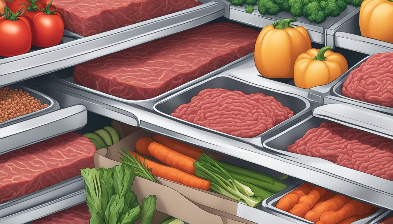 A package of ground beef sits in a refrigerator next to fresh vegetables and spices