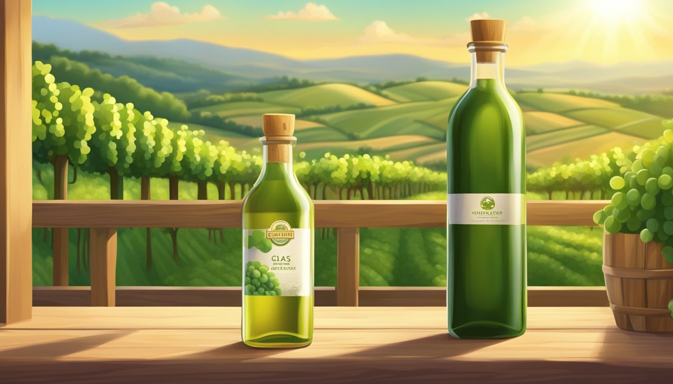 A clear glass bottle of grapeseed oil sits on a wooden shelf, surrounded by lush green vineyards and rolling hills. The sun casts a warm glow over the scene