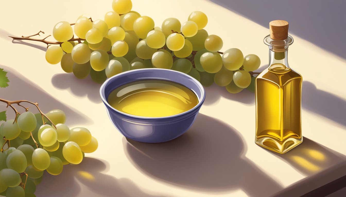 A bottle of grapeseed oil sits on a kitchen counter, surrounded by fresh grapes and a sprig of grapevine. The oil has a golden hue and is glistening in the sunlight