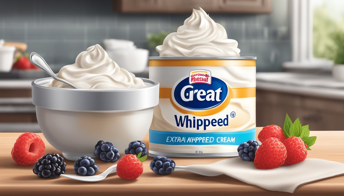 A can of Great Value Extra Creamy Whipped Cream sits unopened on a kitchen counter, surrounded by fresh berries and a dollop of cream on a spoon