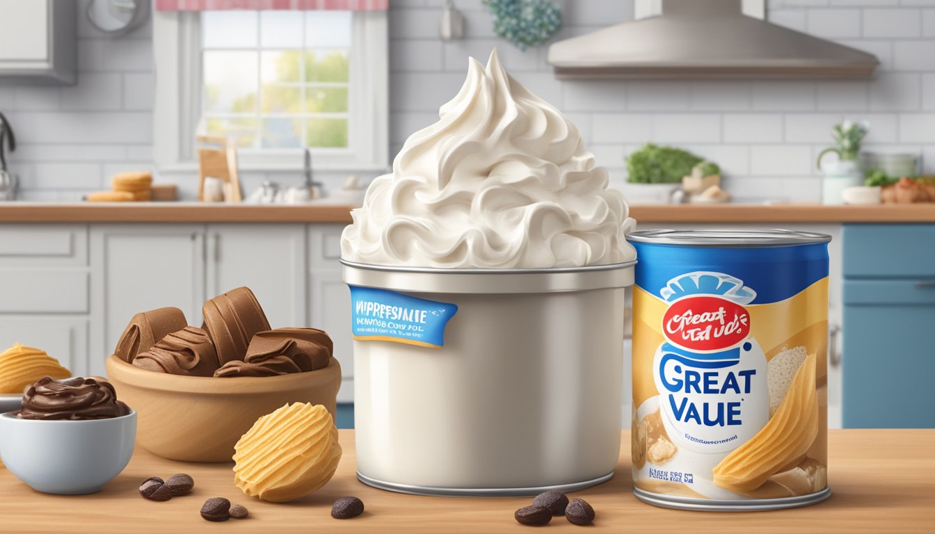 A can of Great Value Extra Creamy Whipped Cream sits on a kitchen counter, surrounded by various dessert ingredients and a calendar indicating the current date