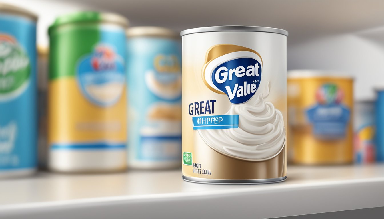 A can of Great Value Extra Creamy Whipped Cream sits unopened on a shelf in a cool, dry pantry, away from direct sunlight and heat sources