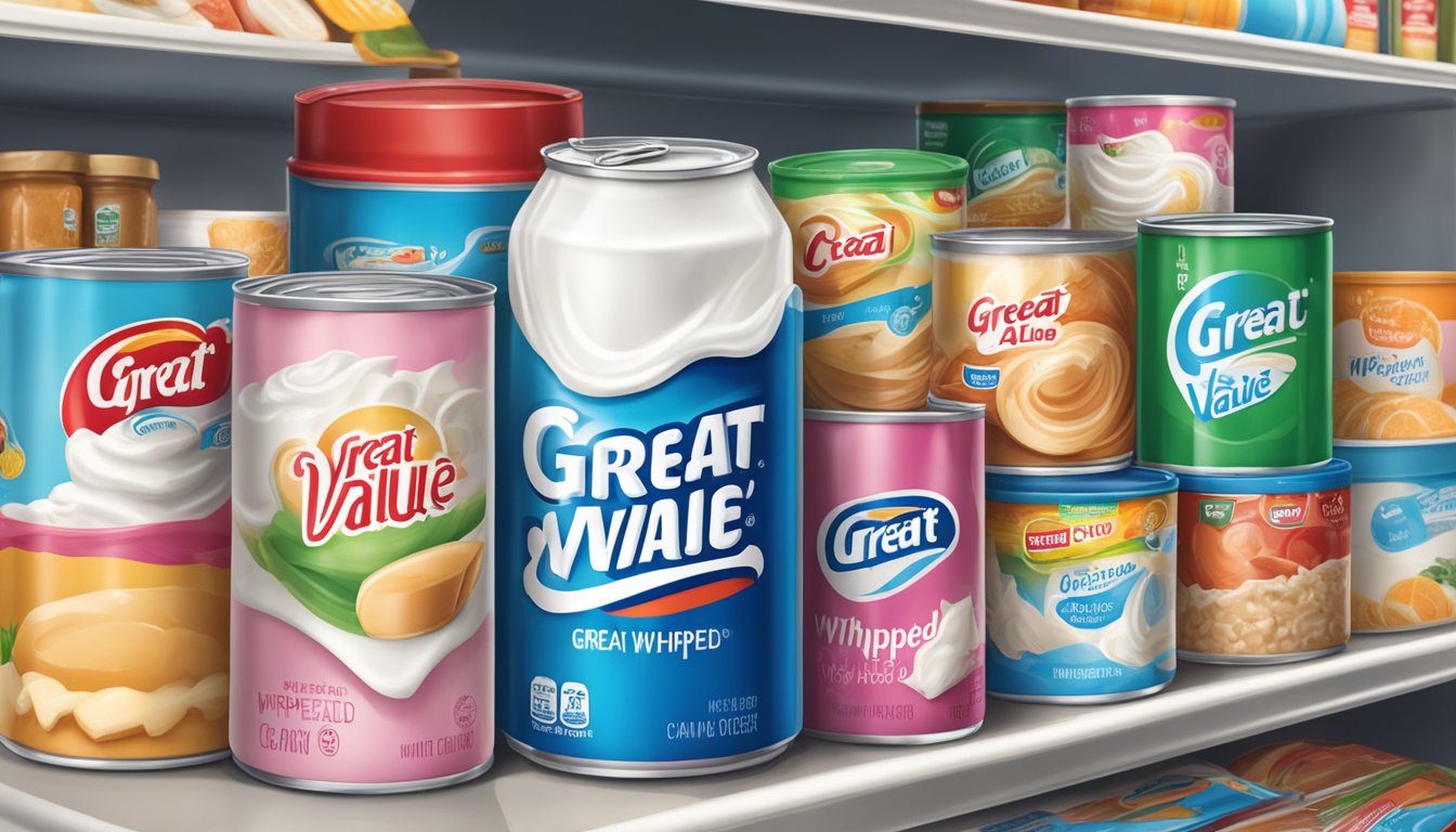 A can of Great Value Extra Creamy Whipped Cream sits on a shelf, surrounded by various other food items in a refrigerator. The can is unopened and in good condition