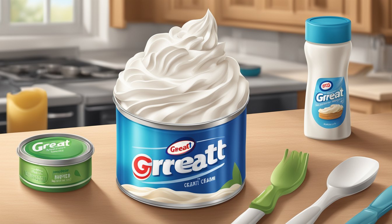 A can of Great Value Extra Creamy Whipped Cream sits unopened on a kitchen countertop, surrounded by various dessert ingredients and utensils