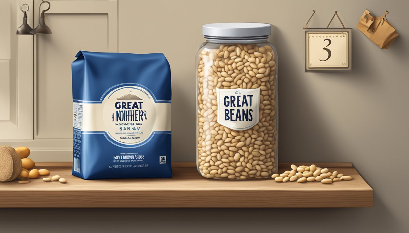 A bag of Great Northern beans sits on a kitchen shelf, surrounded by other dry goods. The label shows the expiration date, while a calendar hangs on the wall