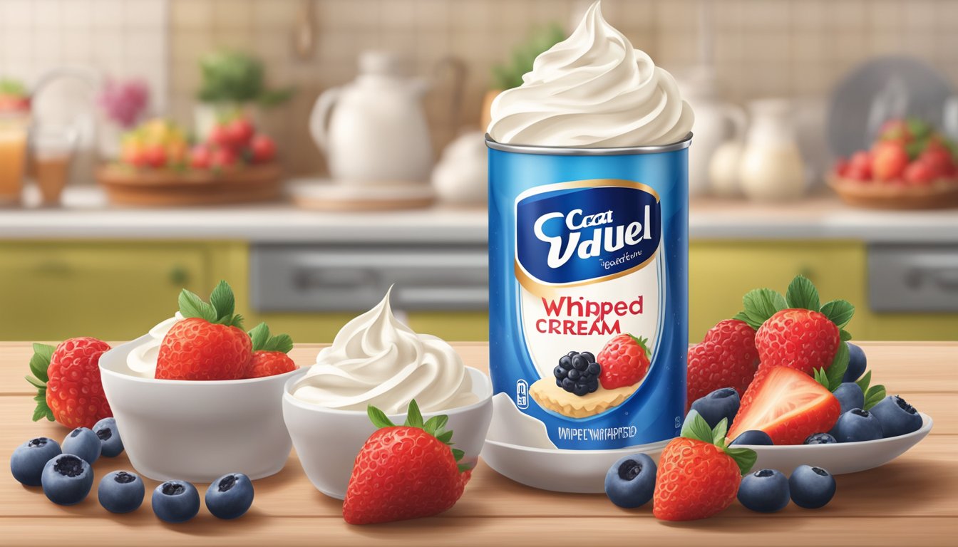 A can of Great Value Extra Creamy Whipped Cream sits unopened on a kitchen counter, surrounded by fresh berries and a dollop of cream on a slice of pie