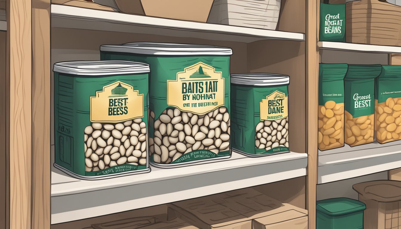 A sealed bag of Great Northern beans with a "best by" date on the packaging, sitting on a clean and organized pantry shelf